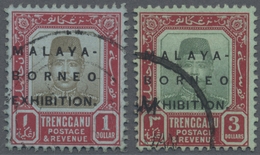 O Malaiische Staaten - Trengganu: 1922, Malaya-Borneo Exhibition $1 And $3 Both With Opt. Variety 'Ova - Trengganu