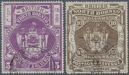 O Nordborneo: 1889, Coat Of Arms $5 Bright Purple And $10 Brown Both Fine Used With Cds., Scarce Stamp - North Borneo (...-1963)