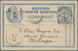GA Nordborneo: 1889 Postal Stationery Card 6c. Blue Used In 1897 From Kudat To MALAGA, SPAIN, Cancelled - Noord Borneo (...-1963)