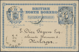 GA Nordborneo: 1889 Postal Stationery Card 6c. Blue Used In 1897 From Kudat To MALAGA, SPAIN, Cancelled - Nordborneo (...-1963)