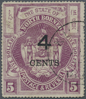 O Nordborneo: 1899, Coat Of Arms $5 Surch. '4 CENTS' In Dull Purple Fine Used With Part Kudat Cds., Sc - North Borneo (...-1963)