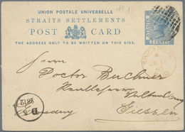 GA Singapur: 1880 Postal Stationery Card 3c. Blue Of Straits Settlements Used From Singapore To Giessen - Singapore (...-1959)