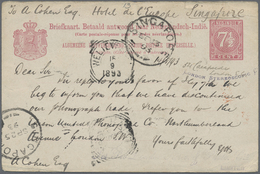 GA Singapur: 1893, Dutch East India 7 1/2 C Rose Postal Stationery Reply Card, Returned From SINGAPORE, - Singapore (...-1959)