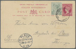 GA Singapur: 1898, Card QV 2 C. Uprated QV 1 C. Tied "SINGAPORE A FE 3 99" To Germany W. Arrival "PLAUE - Singapour (...-1959)