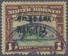 O Nordborneo: Japanese Occupation,  1942, "WAR TAX" Ovpt. On 1 C., Double Ovpt., Used Violet "Sandakan - Noord Borneo (...-1963)