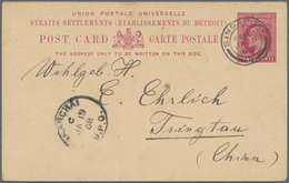 GA Singapur: 1908, Stationery Card KEVII 3 C. Canc. "SINGAPORE JA 19 08" To Tsingtau W. Transit "SHANGH - Singapur (...-1959)