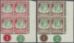 ** Singapur: 1948, KGVI Definitives Perf. 14 Complete Set Of 15 In Blocks Of Four From Lower Right Corn - Singapore (...-1959)