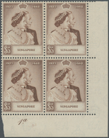 ** Singapur: 1948, Royal Silver Wedding Both Values In Blocks Of Four From Lower Right Corners With Pla - Singapore (...-1959)