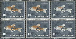 ** Singapur: 1962, Definitive Issue 10c. 'Harlequinfish' Block Of Six With RED-ORANGE Partially OMITTED - Singapore (...-1959)