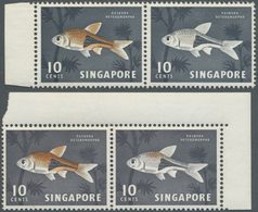 ** Singapur: 1962, Definitive Issue 10c. 'Harlequinfish' Two Horiz. Pairs Incl. One With RED-ORANGE OMI - Singapore (...-1959)