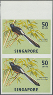 ** Singapur: 1966, Definitive Issue 50c. 'White-rumped Shama' (sideways Wmk.) Vertical IMPERFORATE PAIR - Singapore (...-1959)