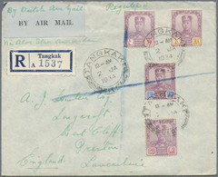 Br Malaiische Staaten - Johor: 1934, 6c. Dull Purple/claret, 12c. Dull Purple/blue (slight Corner Fault - Johore