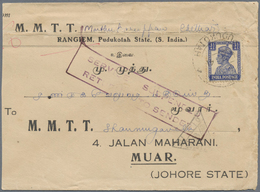 Br Malaiische Staaten - Johor: 1941/1942, 3½a. Blue On Cover From "RANGIEM ..41" (Pudukotah State/India - Johore