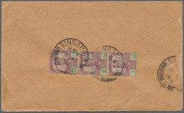 Br Singapur: 1912, 1c Johore Definitives In Vertical Strip Of Three With Singapore Double Ring On Back - Singapur (...-1959)