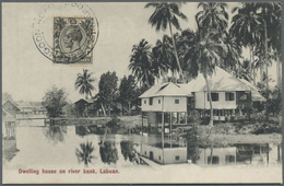 Singapur: 1929, Ppc Without Text Showing " Dwelling House On The River-Labuan" Franked With 1 D Geor - Singapore (...-1959)