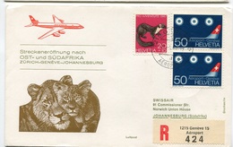 RC 6619 SUISSE 1968 1er VOL SWISSAIR ZURICH GENEVE - JOHANNESBURG AFRIQUE DU SUD LION FFC LETTRE COVER - Eerste Vluchten