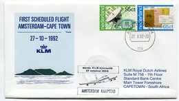 RC 6686 PAYS-BAS KLM 1992 1er VOL AMSTERDAM - CAP TOWN SOUTH AFRICA FFC NETHERLANDS LETTRE COVER - Airmail
