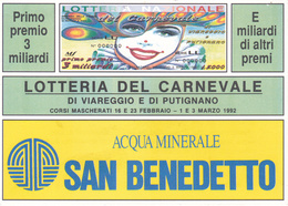 VIAREGGIO - Cartolina Della Lotteria Del Carnevale Di Viareggio E Di Putignano1992 - Acqua Minerale S.Benedetto - Viareggio