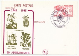 Entier Repiqué - 2,20 Philexjeunes - 40eme Anniversaire Libération - Cachet Illustré  57 FORBACH - 1985 - Postales  Transplantadas (antes 1995)