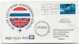 RC 6706 PAYS-BAS KLM 1970 1er VOL 50 ANS DES VOLS AMSTERDAM - LONDRES FFC NETHERLANDS LETTRE COVER - Luftpost