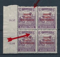 ** 1919 Magyar Tanácsköztársaság 15f ívszéli Négyestömb, Kettő Bélyegen Is Vízszintes Vonal Az értékjelzésben / Mi 272 M - Andere & Zonder Classificatie