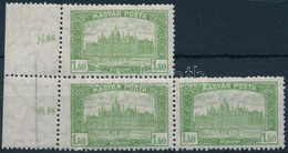 ** 1919 Magyar Posta 1,40K ívszéli Hármastömb Papírráncokkal és Látványos Elfogazással / Margin Block Of 3 With Paper Cr - Andere & Zonder Classificatie