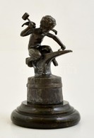 Kovácsoló Puttó Figura. Ón, Márvány Talpazaton. / Tin Blacksmith Angel Figure 12 Cm - Andere & Zonder Classificatie