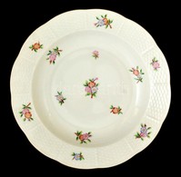 Herendi Virágmintás Porcelán Mélytányér, Kézzel Festett, Jelzett, Hajszálrepedéssel, D: 24,5 Cm - Other & Unclassified