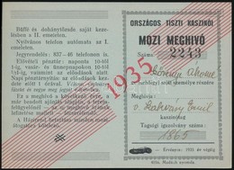 1935 Országos Tiszti Kaszinó, Mozi Meghívó, 9x13 Cm - Andere & Zonder Classificatie
