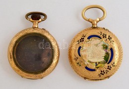 2 Db Régi, Díszített 14 K-os Arany Női Zsebóratok, Egyik üveggel / 2 Old Gold Pocket Watch Cases Bruttó: 16,8 G - Other & Unclassified