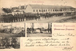 T2/T3 1899 Fogaras, Fagaras; Parade-Ausrückung, Kaserne, Schloss, Papier-Mühle / Katonai Felvonulás, Laktanya, Kastély,  - Zonder Classificatie