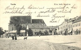 T2 Torda, Turda; Római Katolikus Templom, Utcakép, Szabó István üzlete, Cajzágó Gyógyszertára  / Church, Street, Shops,  - Unclassified