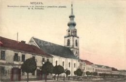 ** T1/T2 Miava, Myjava; Masaryk Tér, Evangélikus Templom, M. R. Stefánik Szobor, Svetozar Lajda üzlete / Square, Church, - Zonder Classificatie