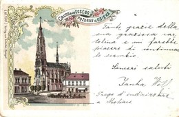 T2/T3 1899 Eszék, Esseg, Osijeka; Templom / Pfarrkirche / Church. Art Nouveau, Floral, Litho  (kopott / Worn) - Unclassified