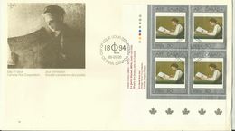 Premier Jour 1988 Bloc De Quatre Timbres «Le Petit Liseur» De Ozias Leduc - 1981-1990