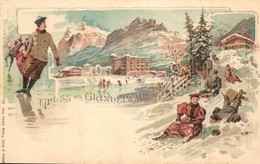 ** T1/T2 Gruss Aus Grindelwald / Winter Sport, Ice Skating And Sledding. Müller & Trüb 58. Art Nouveau, Litho - Unclassified