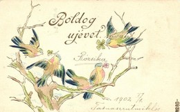 T2/T3 'Boldog Újévet!' / New Year, Birds With Clover, Emb. (EK) - Unclassified