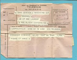 Telegram "VIA BELRADIO" Vanuit LEOPOLDVILLE (Congo-Belge)  Met Telegraafstempel DE PANNE Op 30/3/1958 - Télégrammes