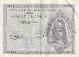 Billet De 20 Francs Algérie Du 14 05 1943 Billet Craquant D'origine Pas De Trous, Simplement Les Plis Visible - Algérie