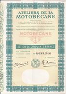 Action ATELIERS De La MOTOBECANE (1) - PANTIN (Seine-Saint-Denis) - 50 Francs  - Présence De 13 Coupons - Mobylette - Verkehr & Transport