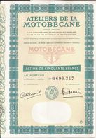 Action ATELIERS De La MOTOBECANE (2) - PANTIN (Seine-Saint-Denis) - 50 Francs  - Présence De 13 Coupons - Mobylette - Trasporti