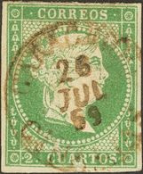 º 2 Cuartos Verde. Matasello GARACHICO / CANARIAS, En Tinta De Escribir, Reforzado A Mano En Origen A Plumilla, En El Mi - Andere & Zonder Classificatie