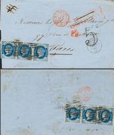 Sobre 59(6). 1863. 12 Cuartos Azul, Dos Tiras De Tres (una De Ellas En El Dorso). MADRID A PARIS (FRANCIA). En El Frente - Andere & Zonder Classificatie
