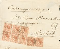 Sobre 96(8). 1868. 50 Mils Castaño Amarillo, Ocho Sellos (uno Con Defecto Sin Importancia). ZARAGOZA A MADRID (erosión S - Andere & Zonder Classificatie