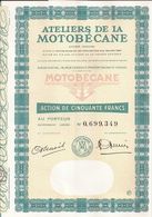 Action ATELIERS De La MOTOBECANE (4) - PANTIN (Seine-Saint-Denis) - 50 Francs  - Présence De 13 Coupons - Mobylette - Trasporti