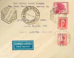 Sobre 674, 734, 598. 1934. 4 Pts Lila, 30 Cts Carmín Y 25 Cts Carmín. Correo Aéreo VUELO CATAPULTADO DESDE EL VAPOR ALEM - Andere & Zonder Classificatie