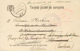 Sobre 1936. Tarjeta Postal De Campaña Con Franquicia De BILBAO A ALCAZAR DE SAN JUAN, Reexpedida A MADRID Y TOLEDO, Vuel - Andere & Zonder Classificatie