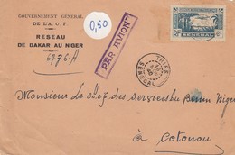 FRONT COVER SENEGAL. 16 11 40. GOUVERNEMENT GENERAL DE L'AOF RESEAU DE DAKAR AU NIGER. THIES  TO COTONOU - Covers & Documents