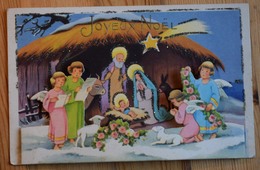 Joyeux Noël - Carte à Système - Crèche / Nativité - CPA Dessin En Couleurs Avec Paillettes - (n°9845) - Autres & Non Classés