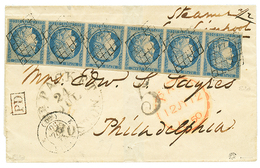 105 1850 Superbe Bande De 6 Du 25c CERES(n°4) Obl. Grille Sur Lettre De PARIS Pour PHILADELPHIA (USA). Lettte Trés RARE  - 1849-1850 Cérès